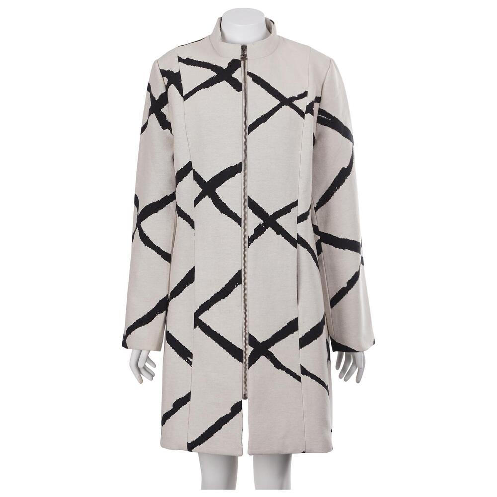 Desigual Coat Size 44 Black Beige Abstract Print Full Zip Lined Pockets